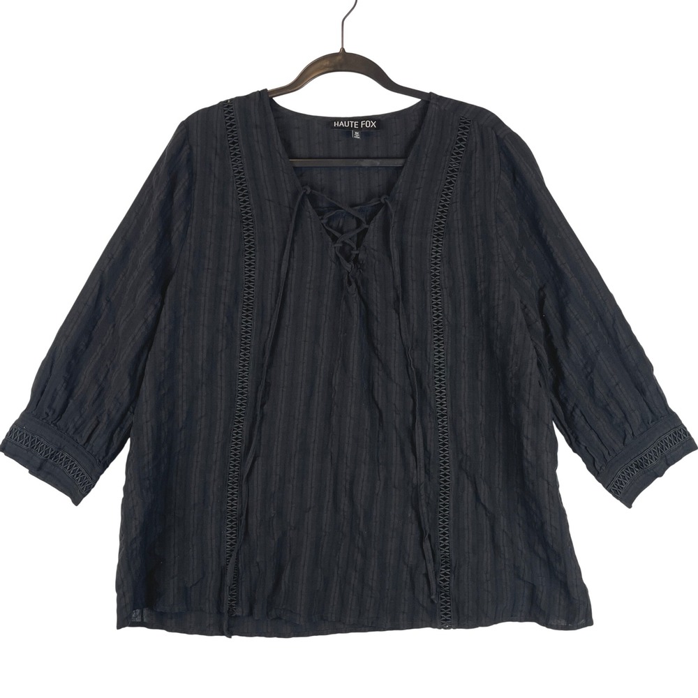 Haute Fox Womens 3X Black Lace Up V-Neck Cotton Boho Blouse NJ1446P-T